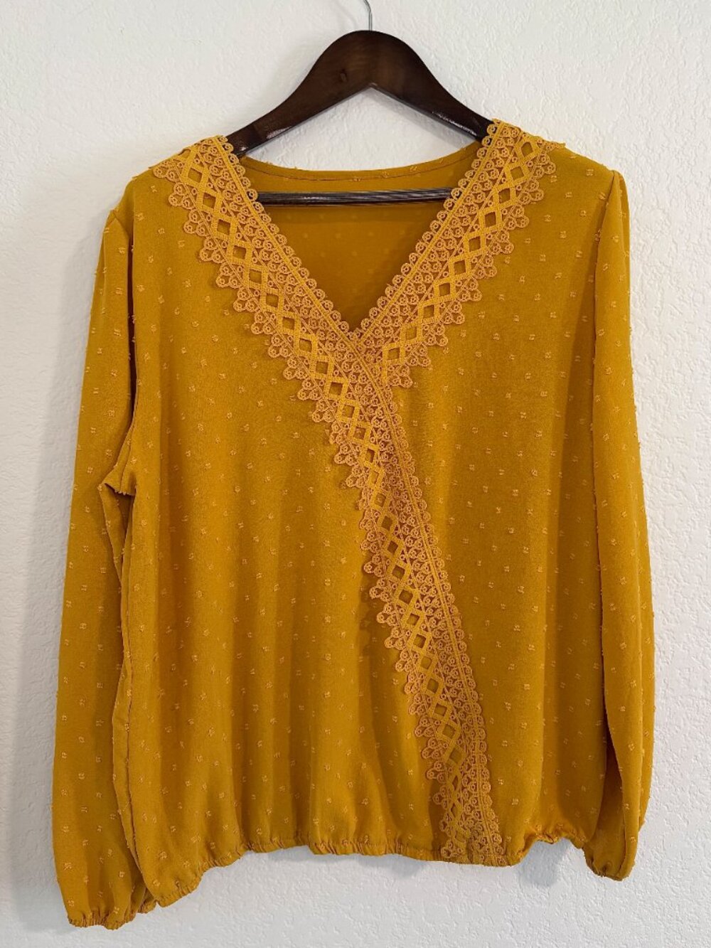 Long Sleeve ,V-Neck Chiffon Blouse, Dressy Casual Pom Poms - Mustard Color
